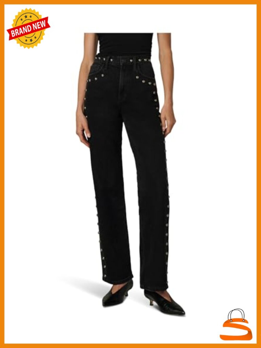 High Rise Straight Leg Stretch Cotton Jeans with Studs
